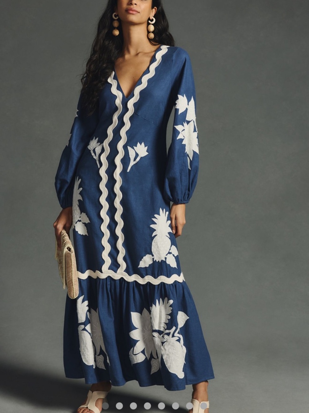FARM Rio Blue Maxi Dress with White Floral Embroidery